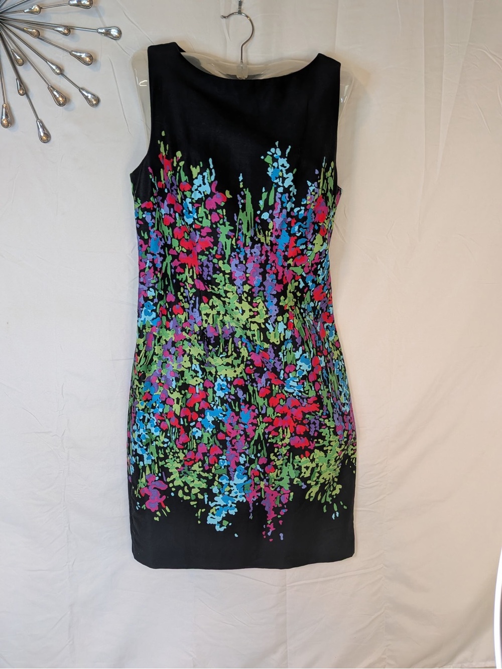 Black Bright Floral-Print Sleeveless Chetta B Mini Dress Size 2 EUC